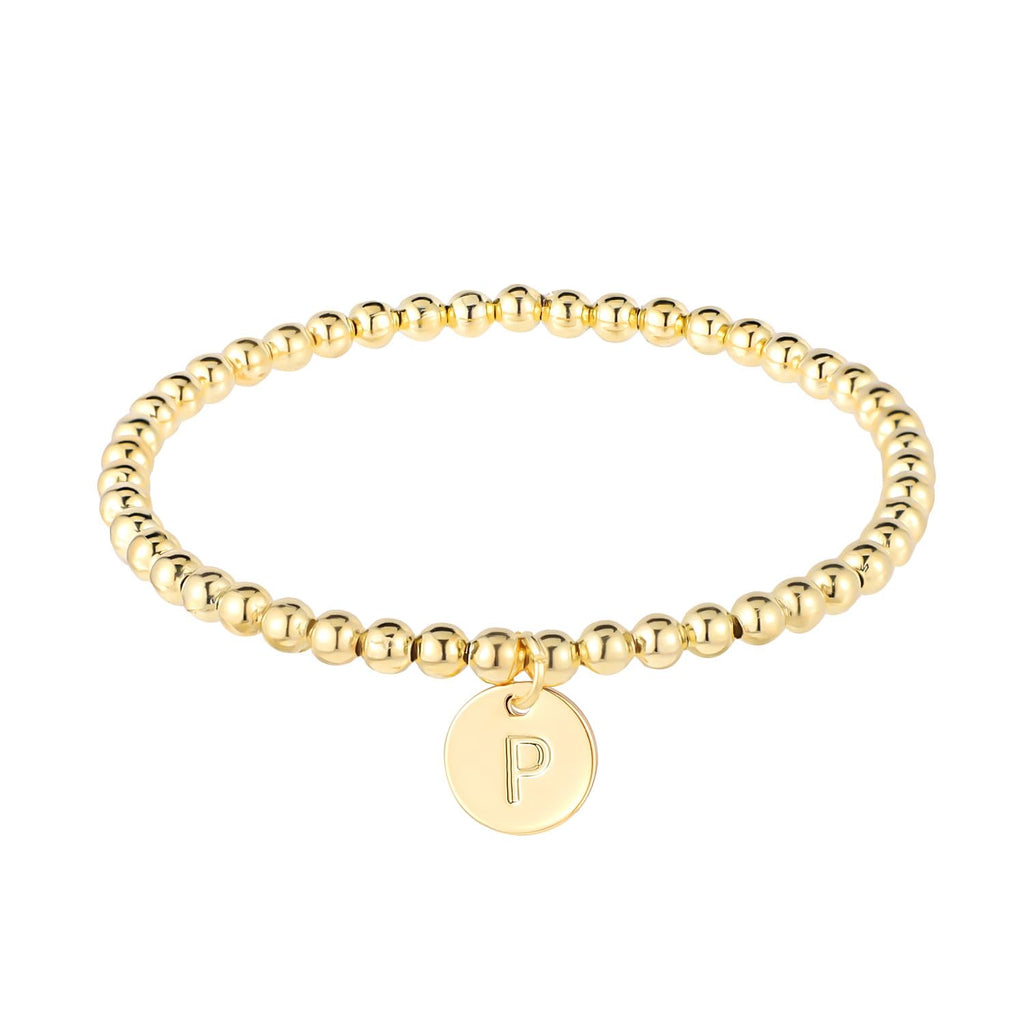Pulsera Inicial para Mujeres Pulsera Dorada Delicada con Encanto de Letra de la A-Z Disco Pulsera de Moda Joyería Simple Pulsera Dorada con Cuentas Personalizada Regalos del Alfabeto 26 (P)