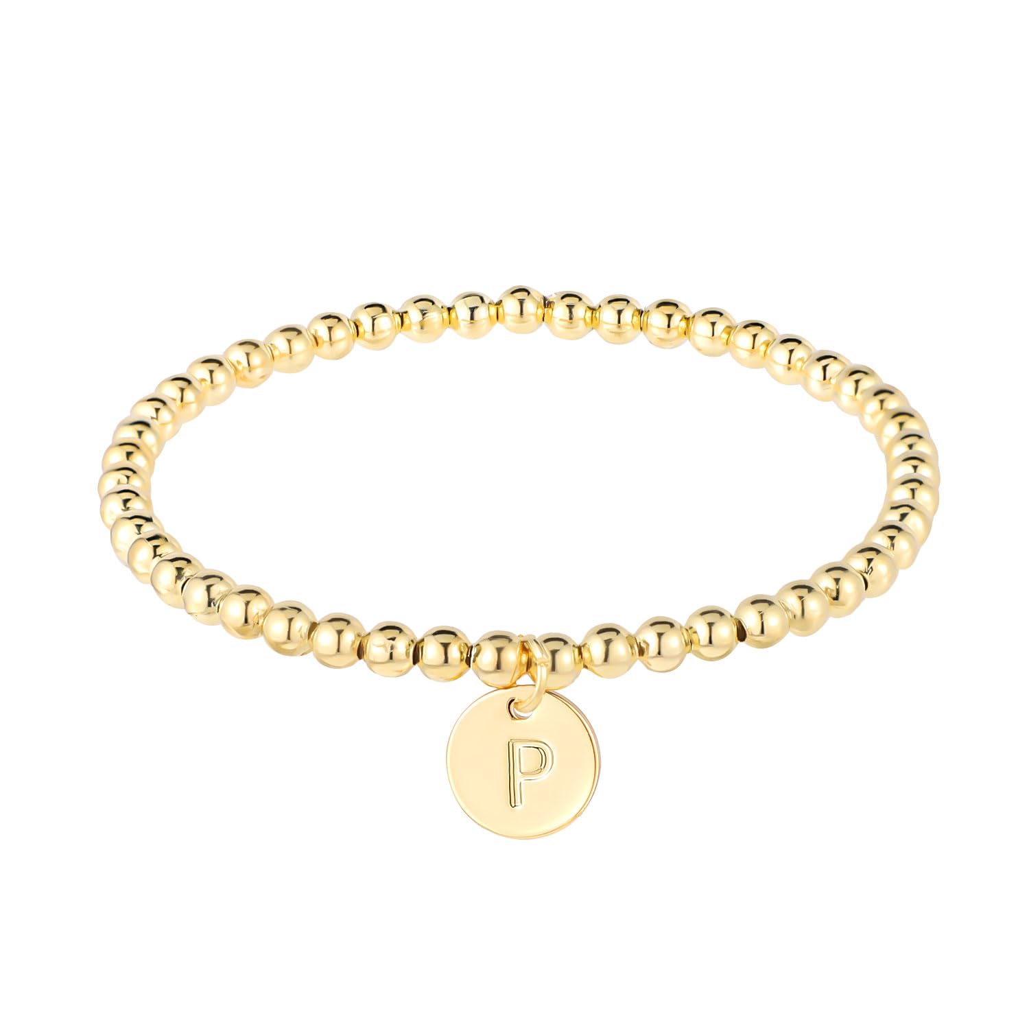 Pulsera Inicial para Mujeres Pulsera Dorada Delicada con Encanto de Letra de la A-Z Disco Pulsera de Moda Joyería Simple Pulsera Dorada con Cuentas Personalizada Regalos del Alfabeto 26 (P)